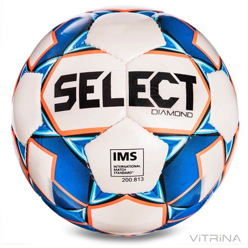 Футбольний м'яч професійний №5 Select Diamond IMS new WB (FFPUS 1200, білий-синій-помаранчевий)