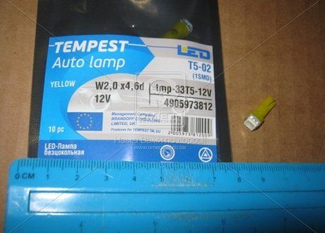 Лампа светодиодная LED панель приборов, подсветки кнопок Т5-02 (1SMD) W2,0 х4,6d желтая 12V | TEMPEST