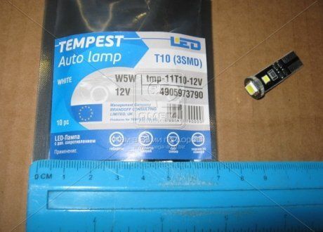 Лампа світлодіодна LED габарит і панель приладів T10 доп. опір 2SMD W5W 12V WHITE | TEMPEST